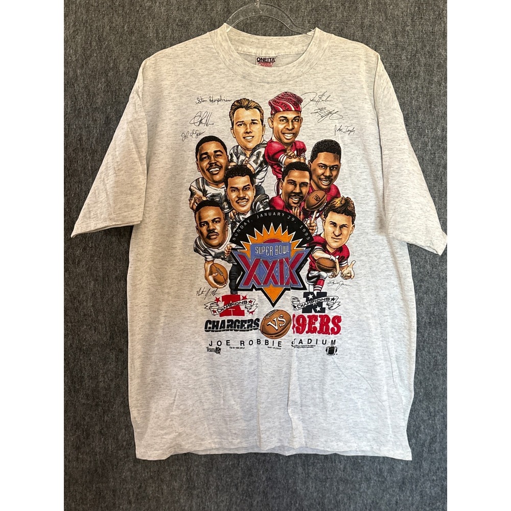 Vintage 1995 Oneita Super Bowl XXIX Chargers vs 49ers Caricature T-Shirt XL Tall